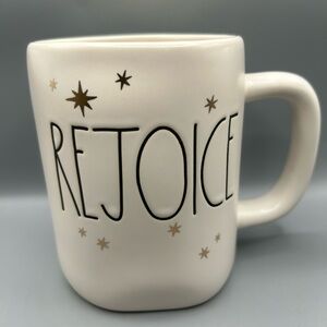 Rae Dunn Farmhouse REJOICE Mug With Rose Gold Star Accents Christmas NEW